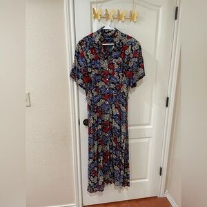 Ralph Lauren Floral Midi Dress in Blue and Red Vintage Size 14